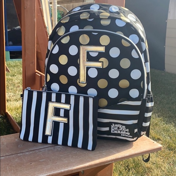 Black Stripe & Dot Initial Backpack & Wristlet “F” - Picture 1 of 6
